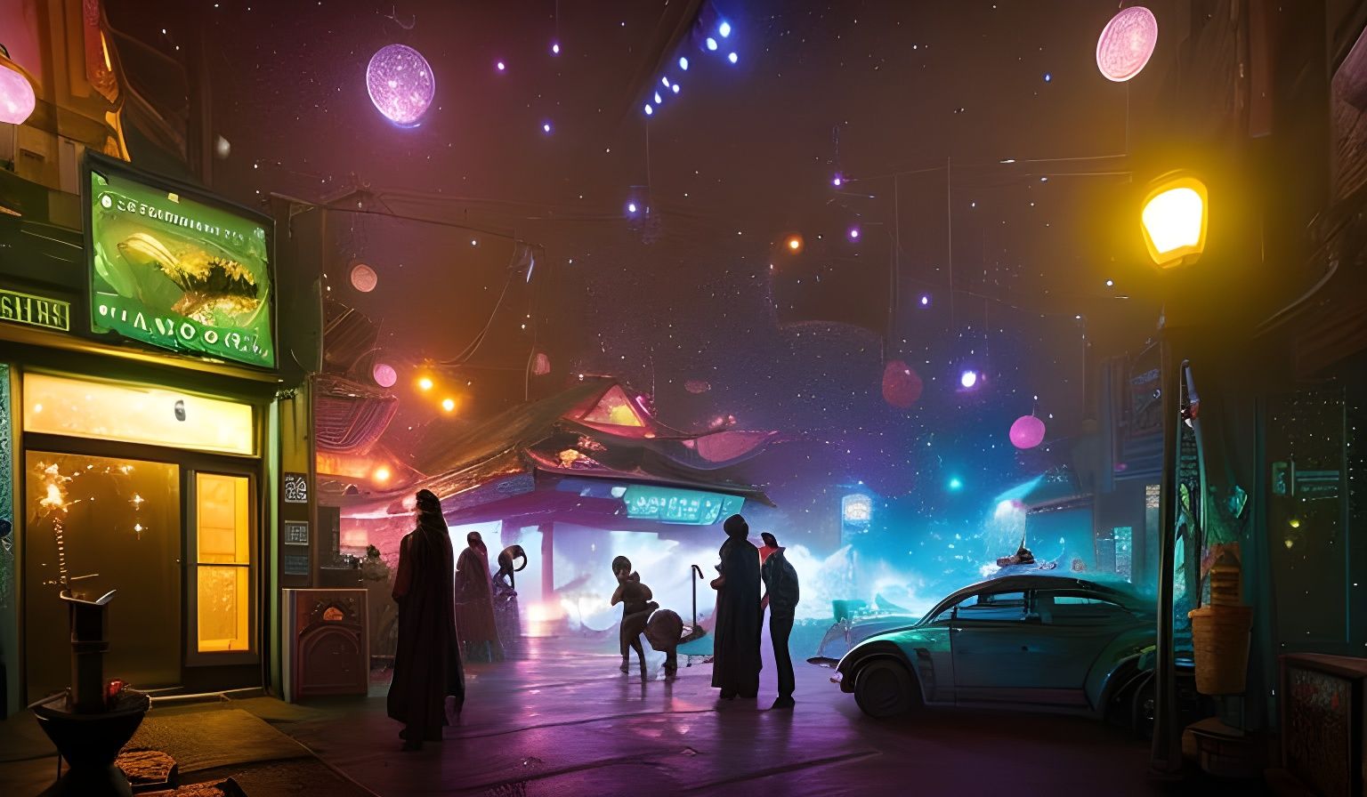 Galaxy Nebula Bamboo Tavern with Twinkle Lights