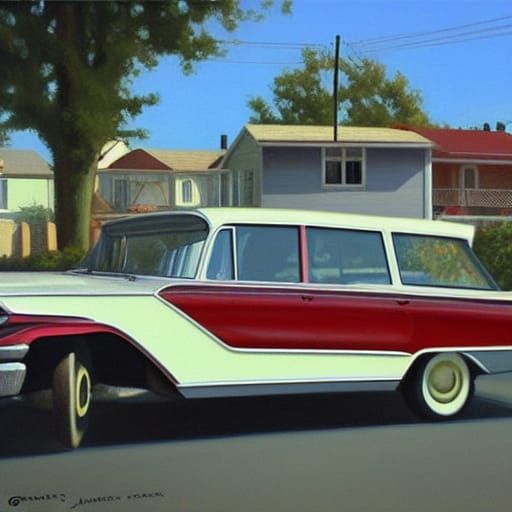 1960s Suburban Scene in Oil Painting Style