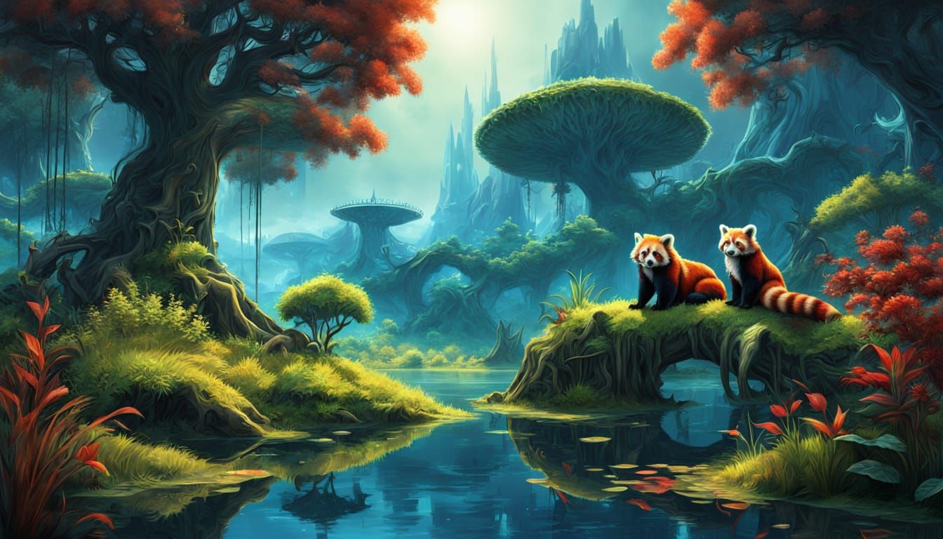 Red Pandas Fishing in Surreal Alien Landscape