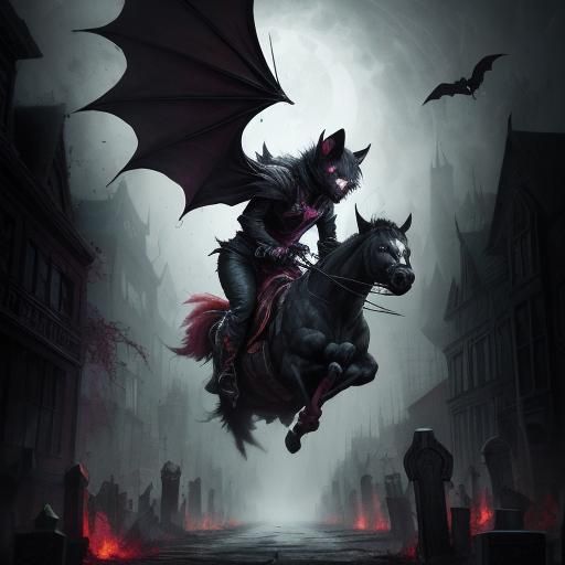 Flying rabid poison bloodstained racoon blood bat, riding burning hot fiery black stallion nightmare, green eyes, mist f...