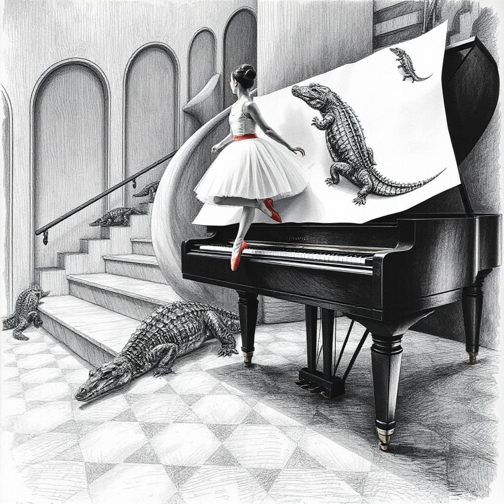 Ballerina Dances on Escher-Inspired Piano Drawing
