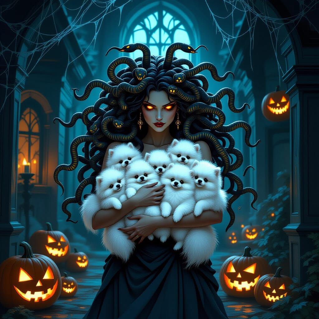 Medusa With Pomeranians in Haunted House