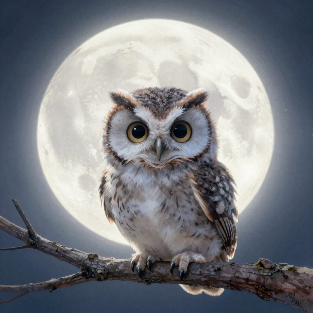 Cute Baby Owl Under Full Moon in Storybook Style