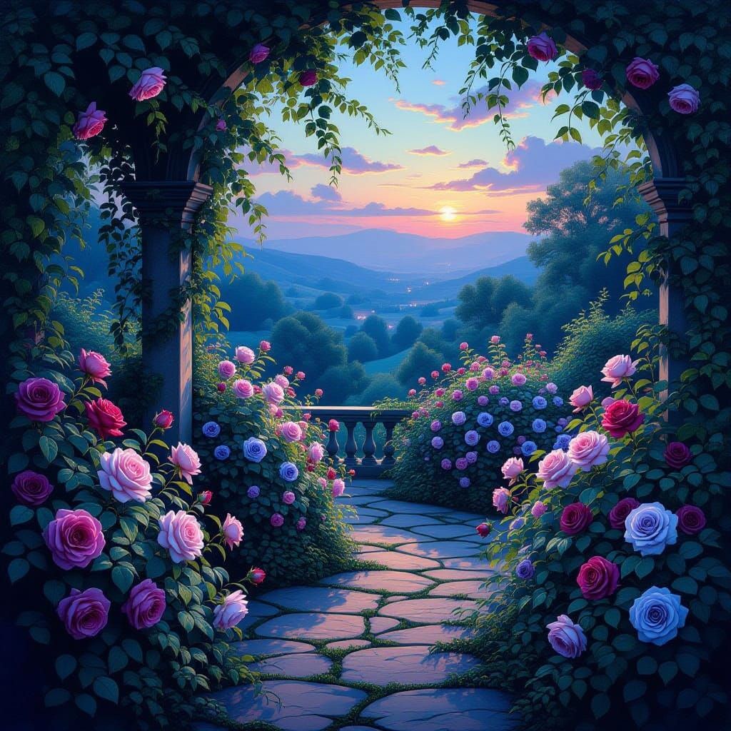 Dreamy Pre-Raphaelite Fantasy Rose Garden at Twilight