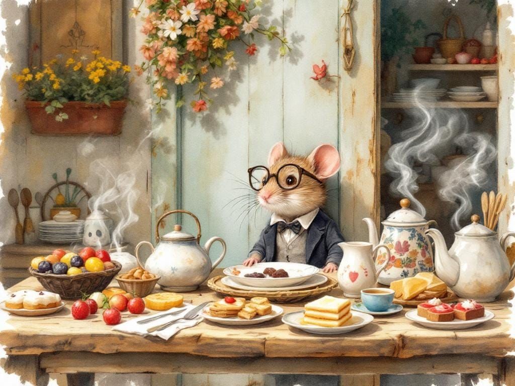 A shy little mouse peeks out of his door, a table with vario...