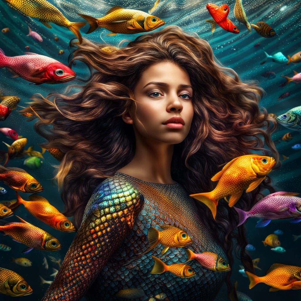 Beautiful Golden-Haired Mermaid Swimming with Colorful Fish