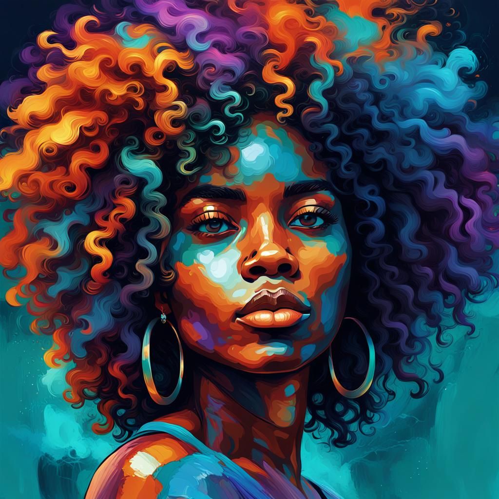 Vibrant Afrofuturist Portrait of a Shaggy Curly African Woma...