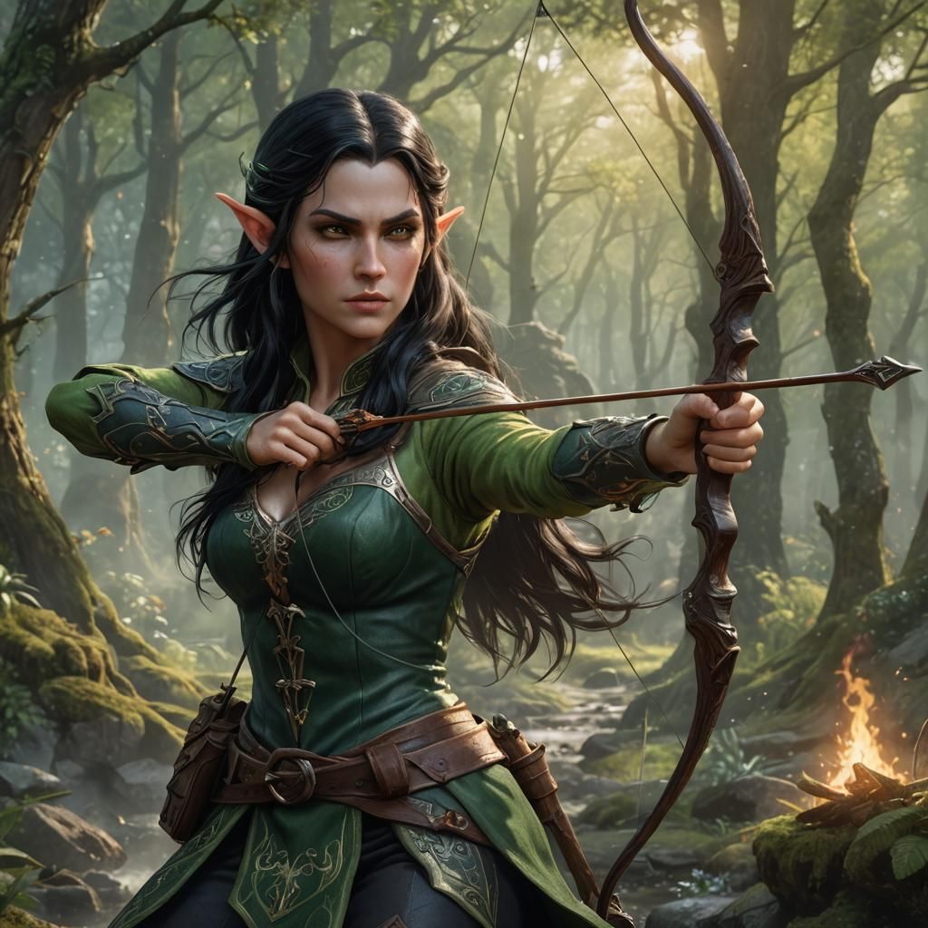 Beautiful female elf ranger with long dark black hair and gr...
