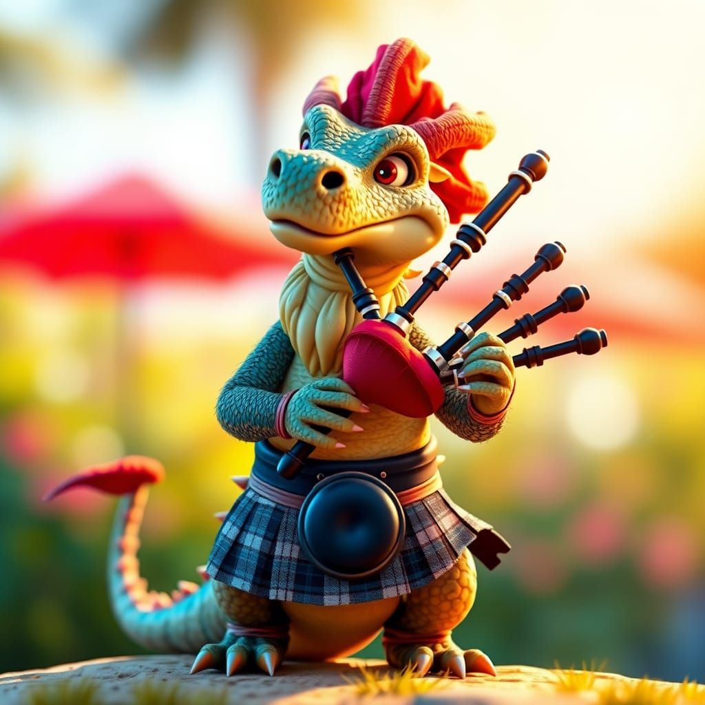 Charming Bearded Dragon in Tartan Kilt Plays Bagpipes on Sun...