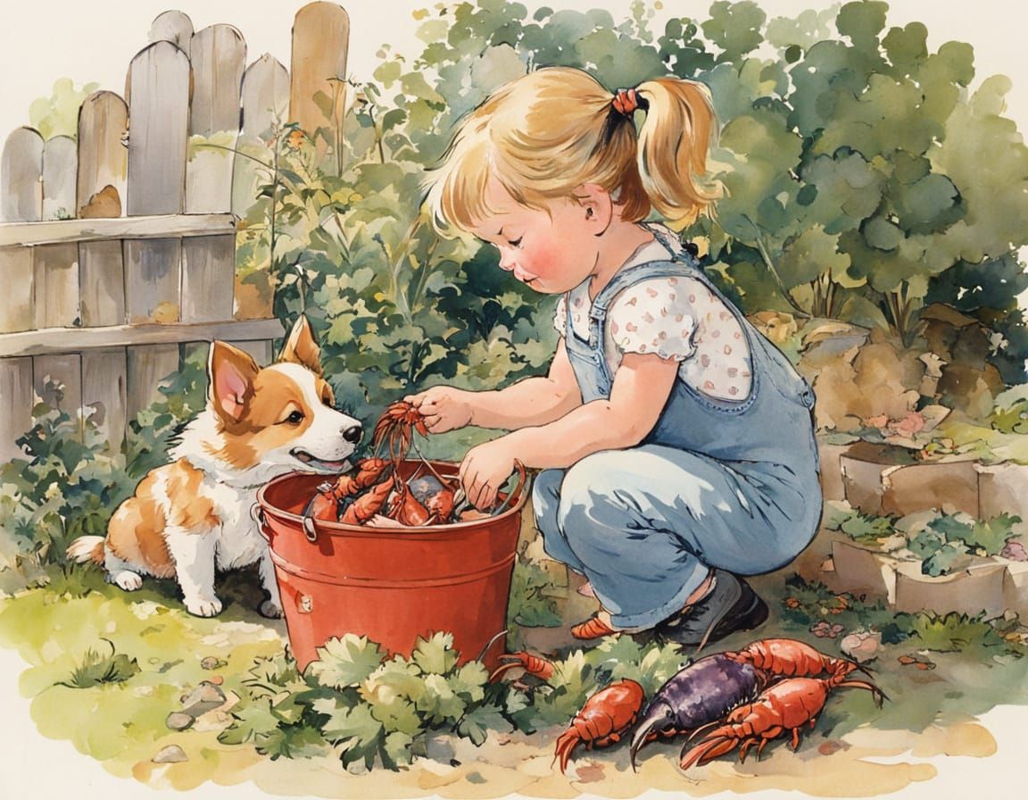 Girl and Corgi Discover Crawfish, Quentin Blake Style