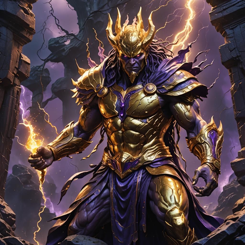 Golden Thunder God Statue with Purple Blood