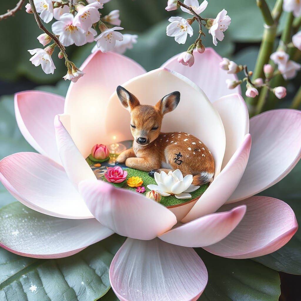 Delicate Fantasy Deer in Japanese Garden