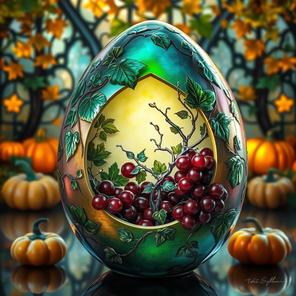 Iridescent Egg with Emerald Vines and Ruby Grapes