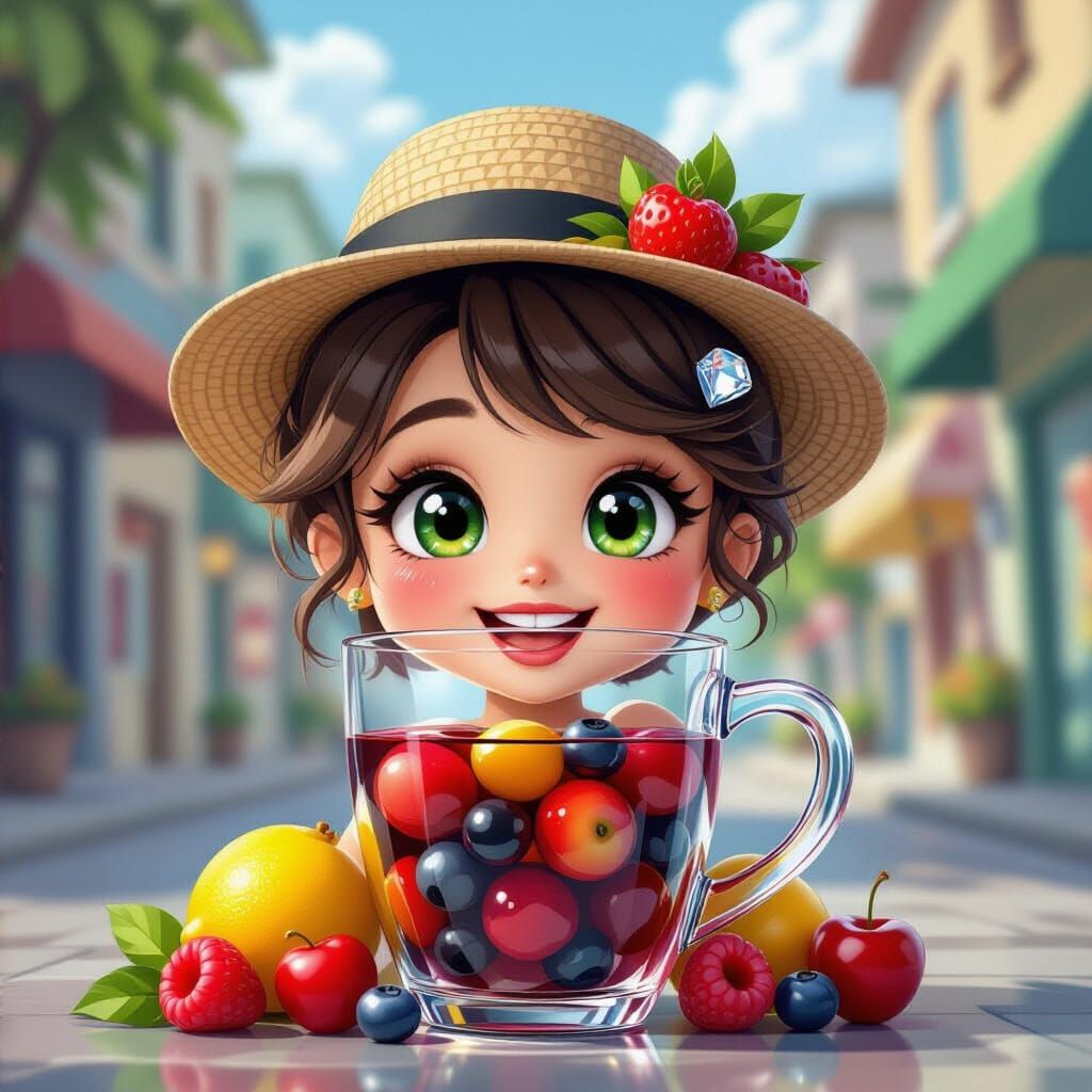 3D Cartoon Juice Bottle with Fruit Salad Hat