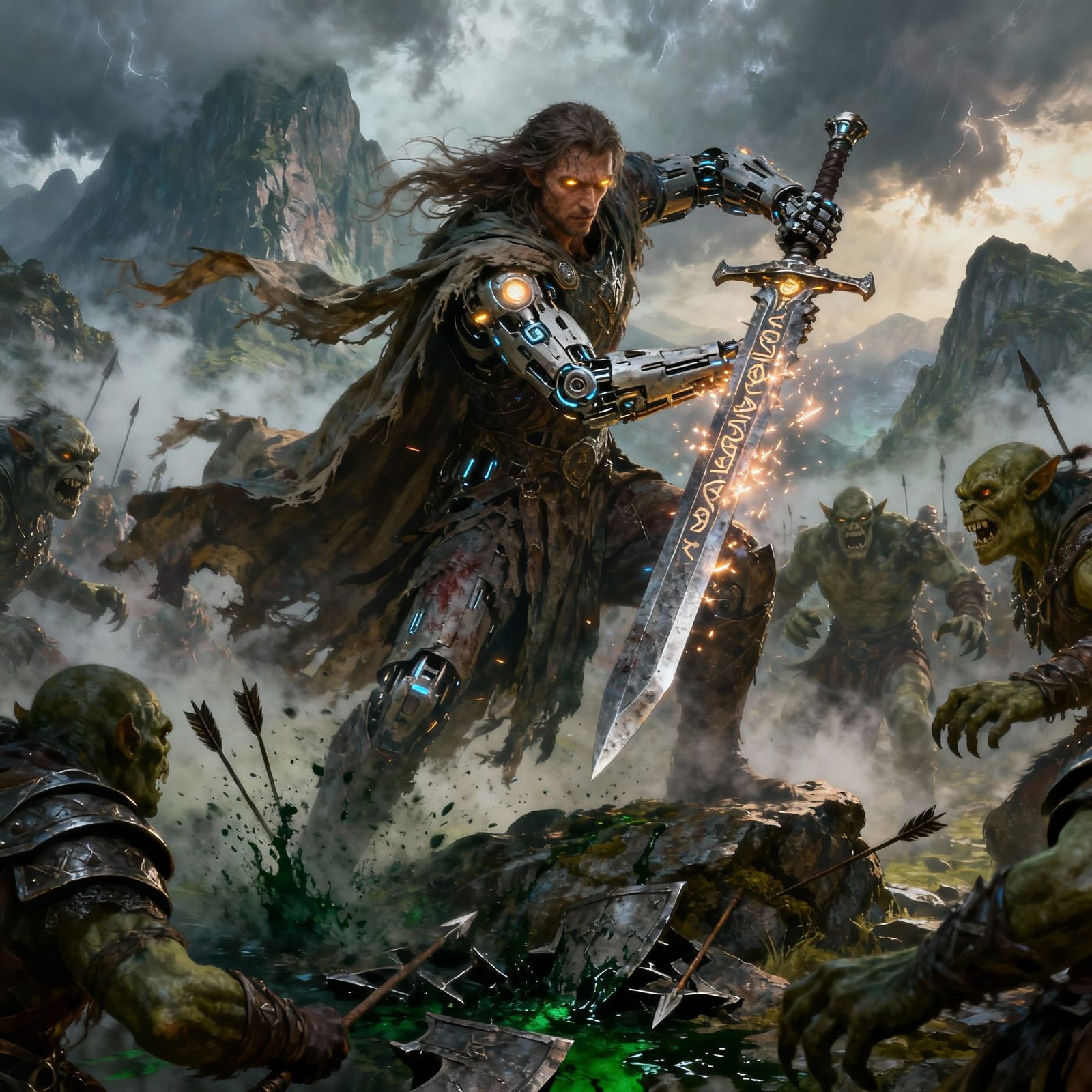 Cybernetic Warrior Battles Orcs on Middle-earth Battlefield