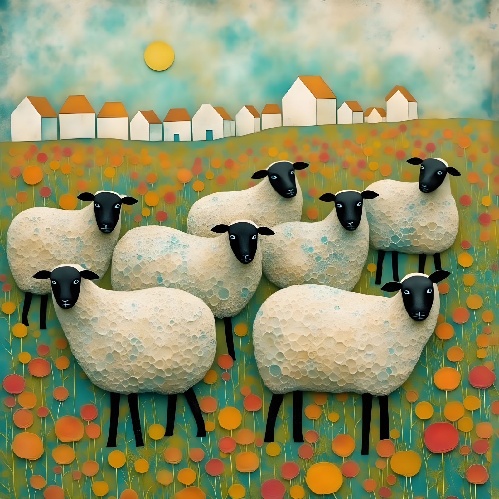 Sheep in Countryside Landscape, Naive Style