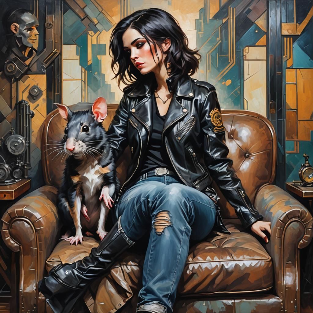 Cyberpunk Girl with Rat: An Oil Painting