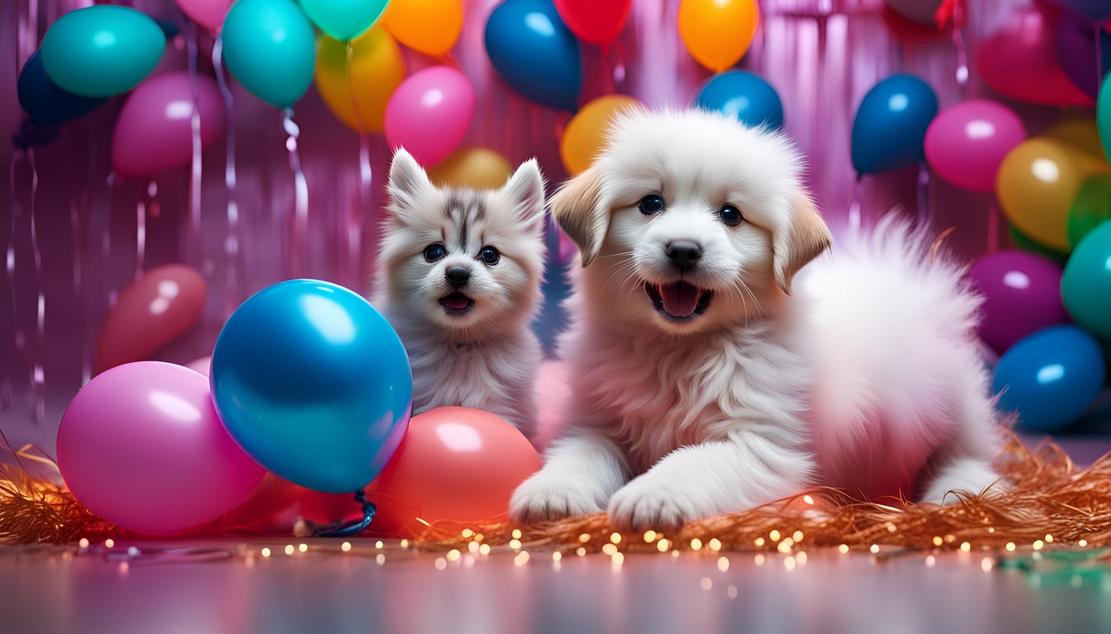 Puppy and Kitten Play with Balloons, Hyperrealistic Image