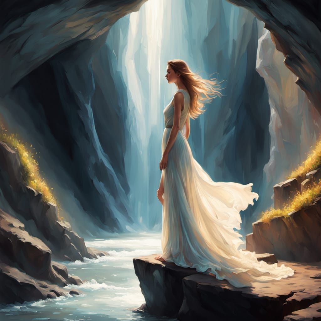 Ethereal Woman Bends Like Light in Impressionistic Chasm Art