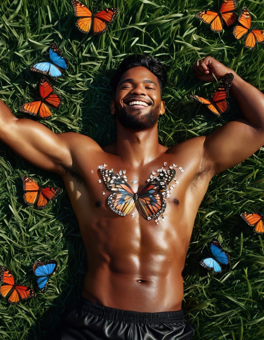 Athletic Man Surrounded by Colorful Butterflies in Hyperreal...