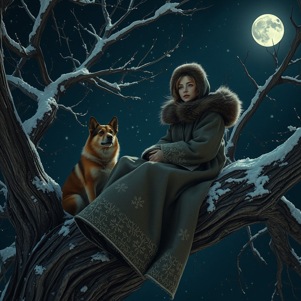 Woman and Dog in Winter Night Scene
