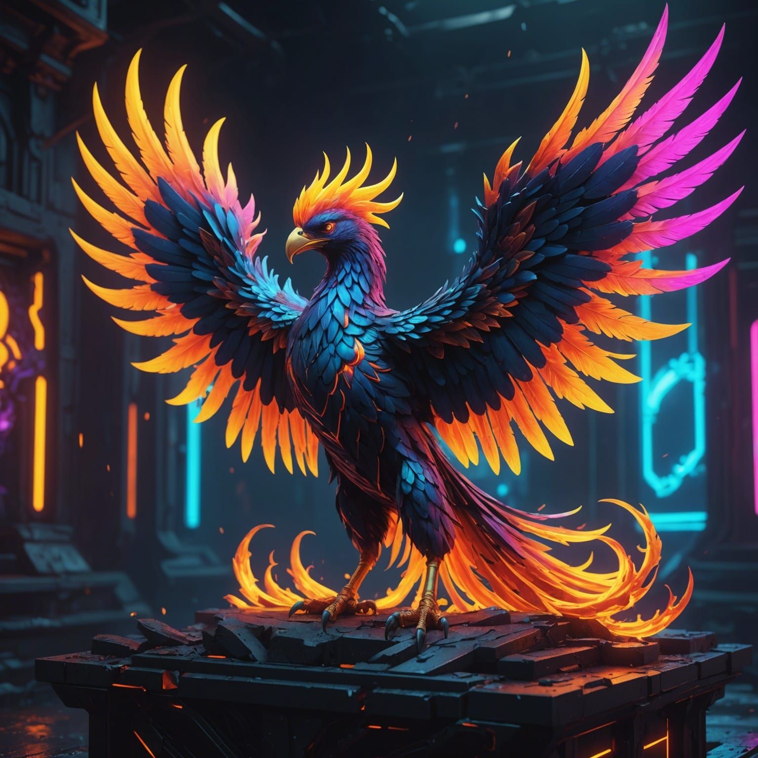 Neon Cyber Flame Phoenix: Detailed Matte Painting