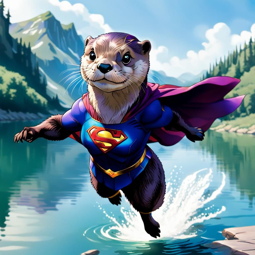 Otter Soars as DC Superhero over a Serene Lake