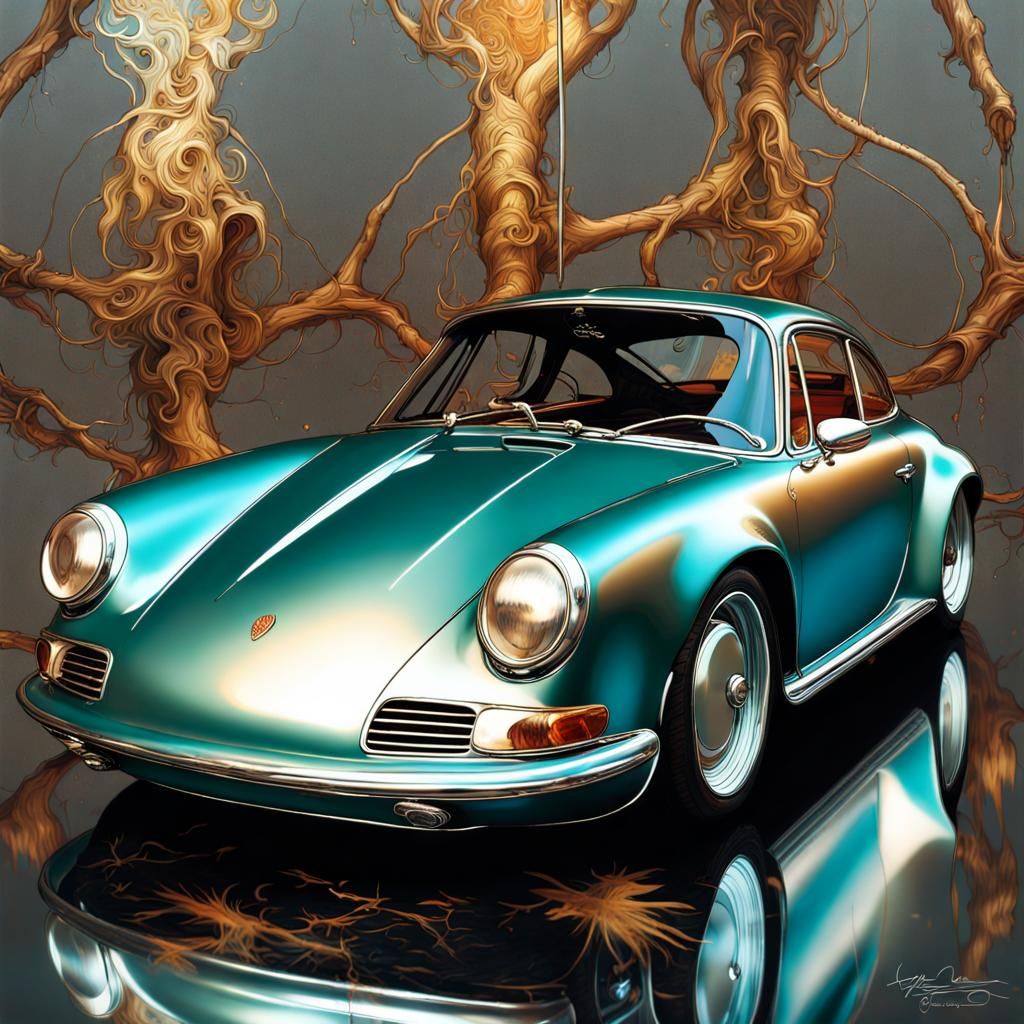 Fantastical Porsche Car with Golden Outlines