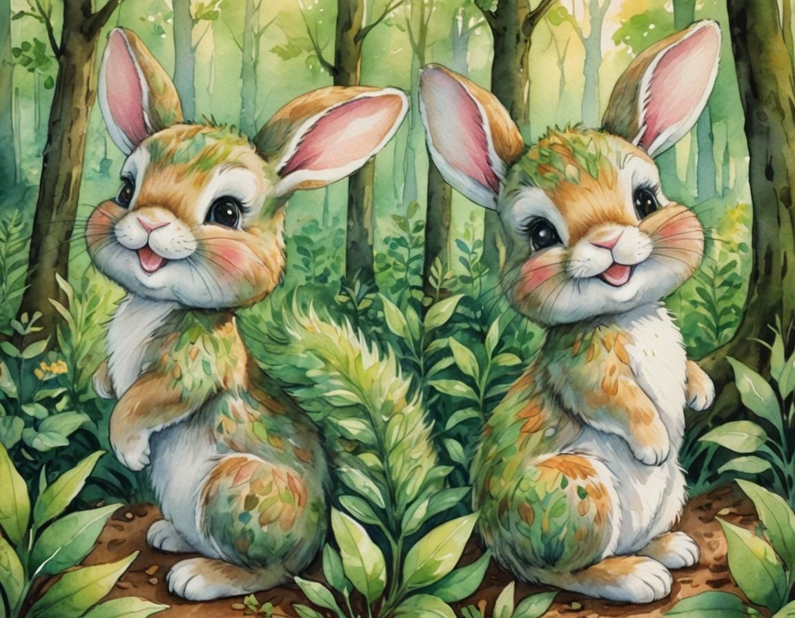 Whimsical Watercolor Bunnies in Sunny Forest