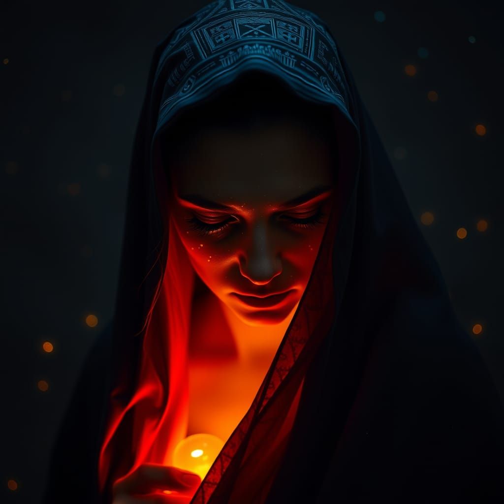 Femme Emerging from Darkness, Radiant Light Illuminates Face...