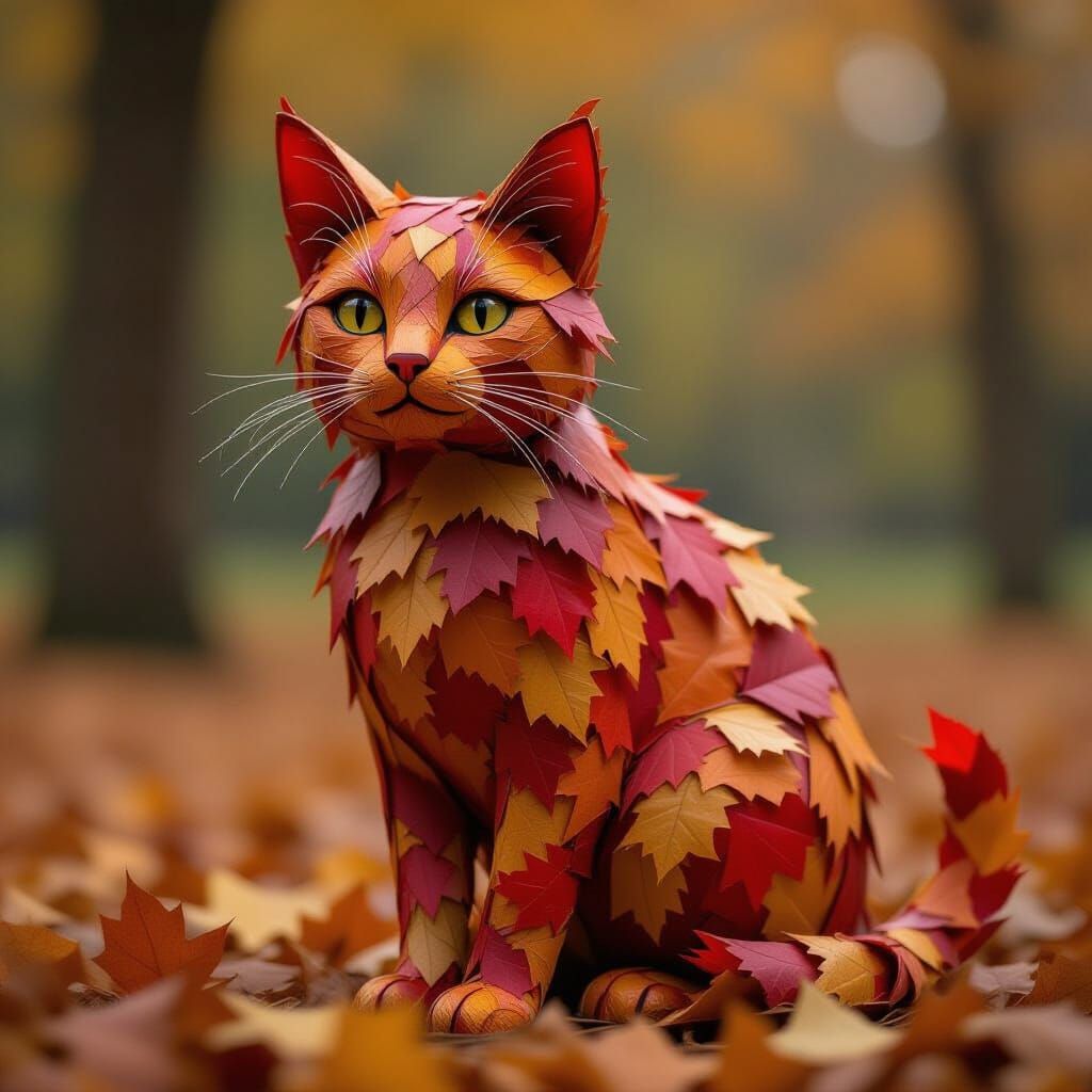 Stray Cat Figure Formed From Autumn Leaves