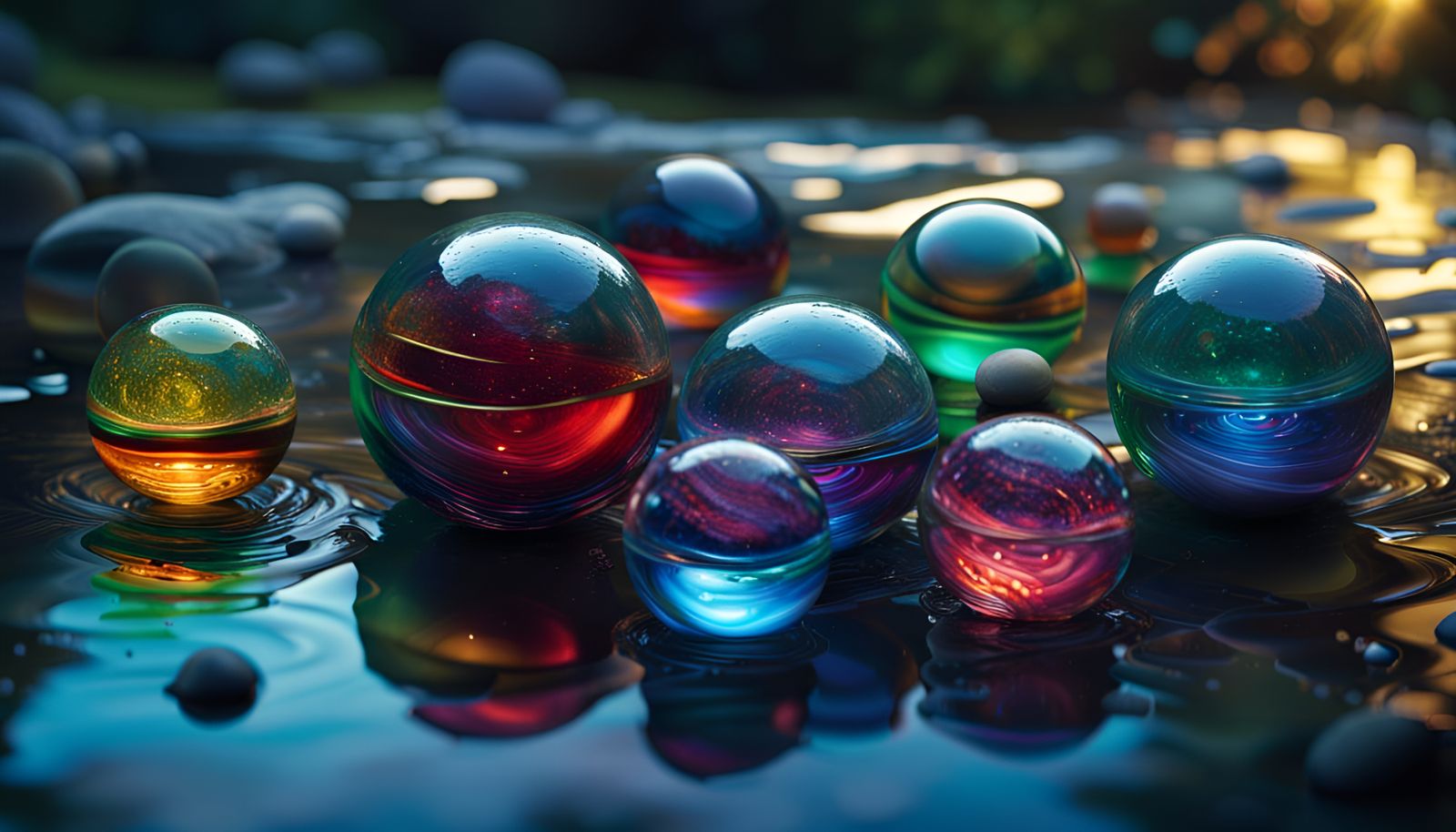 Glass Spheres Floating in Stream: Photorealistic Digital Art