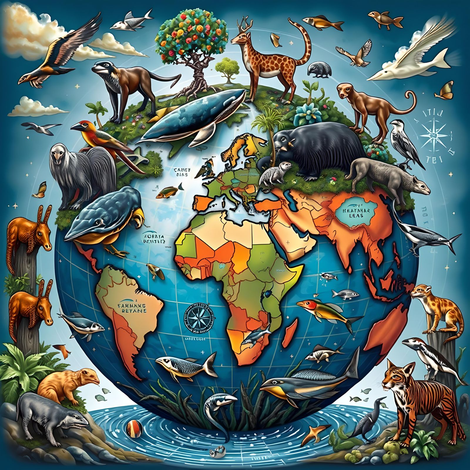 Vivid Biogeography Map of Cryptids and Wildlife