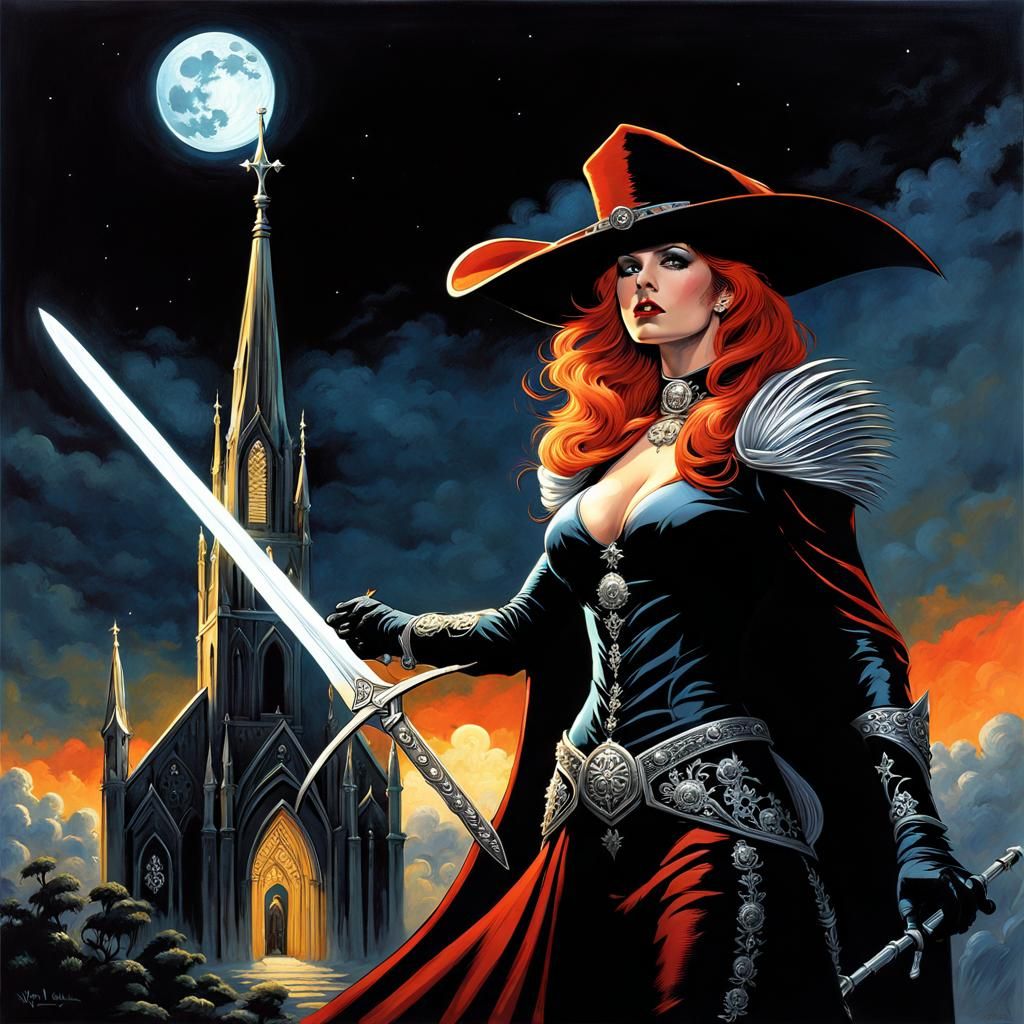 Gothic Vampire Hunter on Church, Dramatic Moonscape