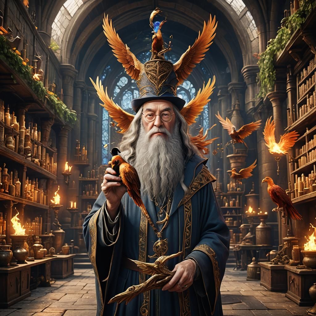 Fantastical Alchemy Lab with Phoenix in Detailed Painting