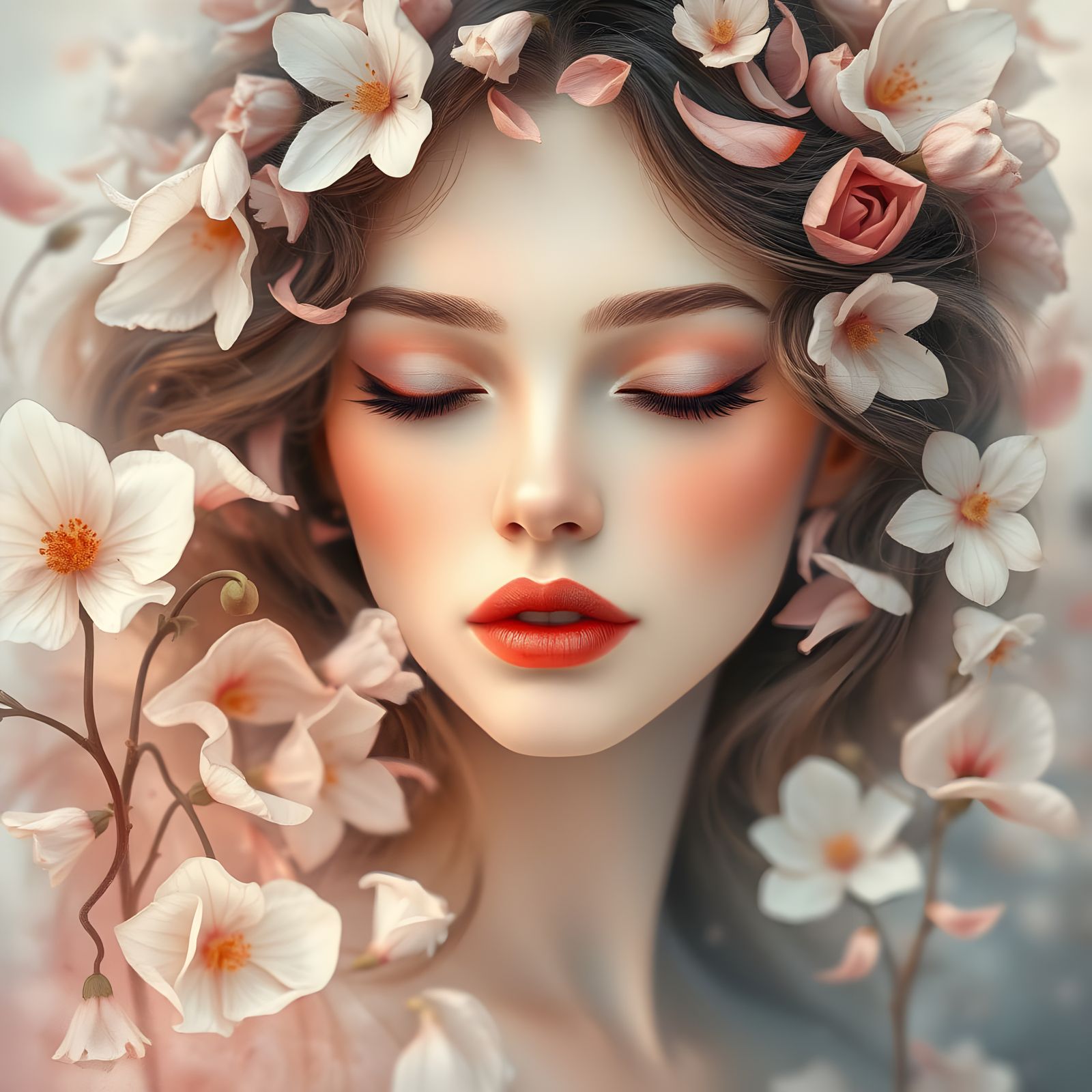 Ethereal Woman in a Whimsical Floral Paradise