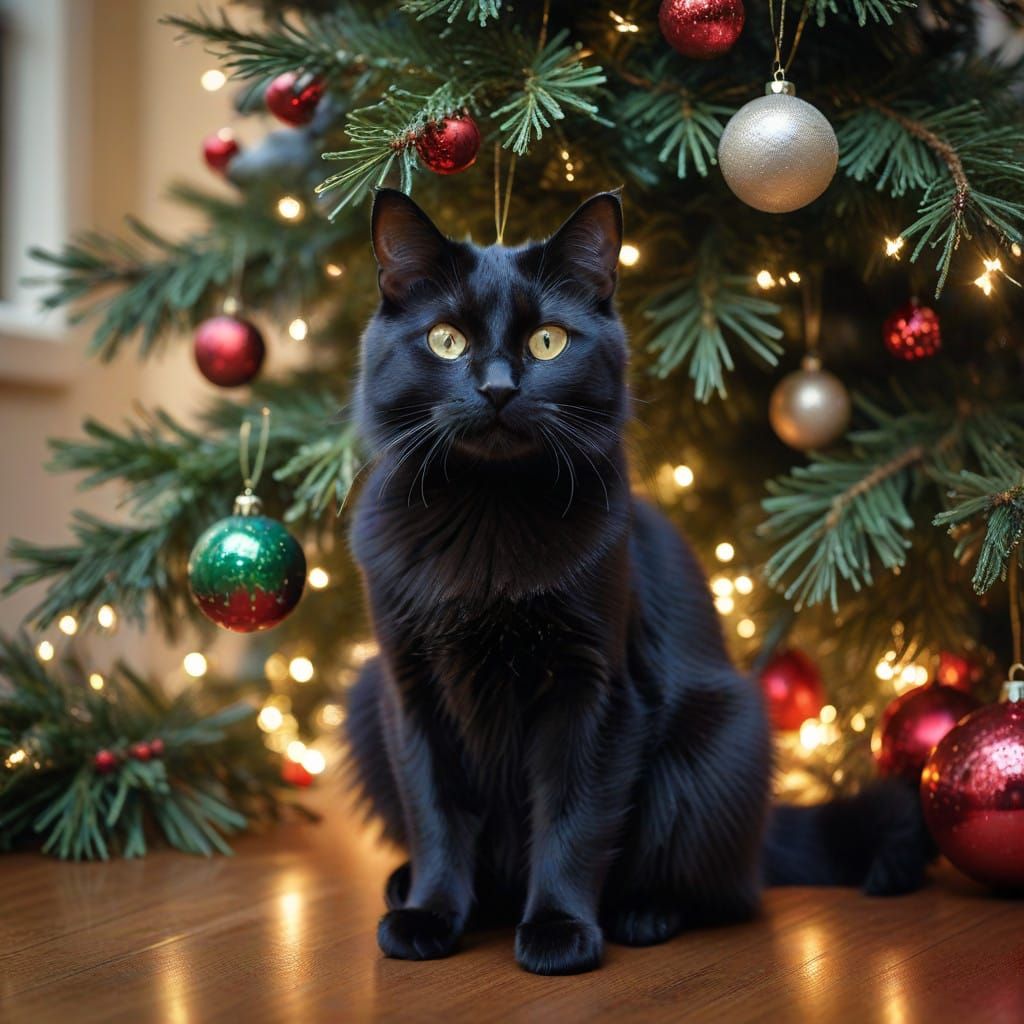 Sleek Black Cat Plays with Sparkling Christmas Ornament Near...