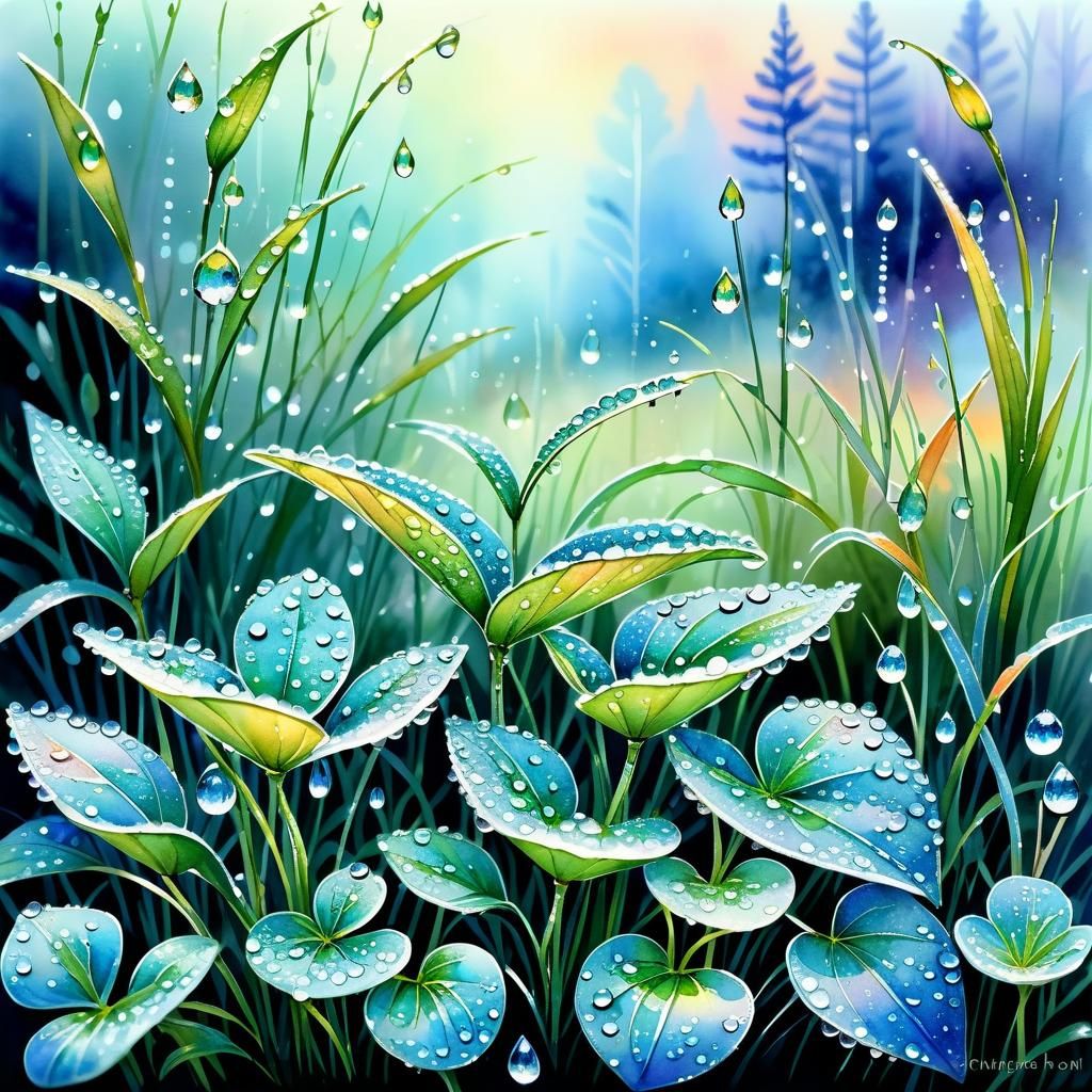 Ethereal Dew-Kissed Plants in Watercolor