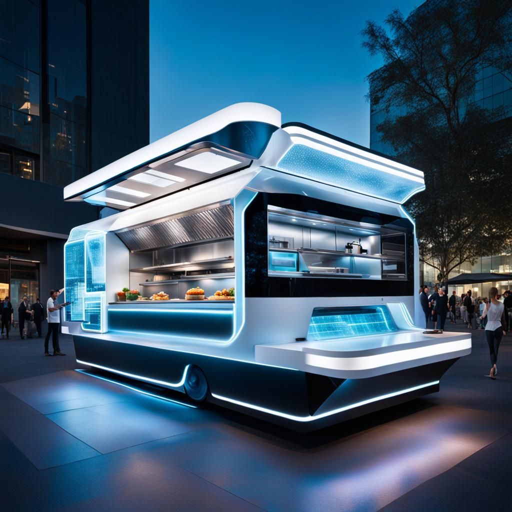 Futuristic Levitating Food Truck with Hologram Effect