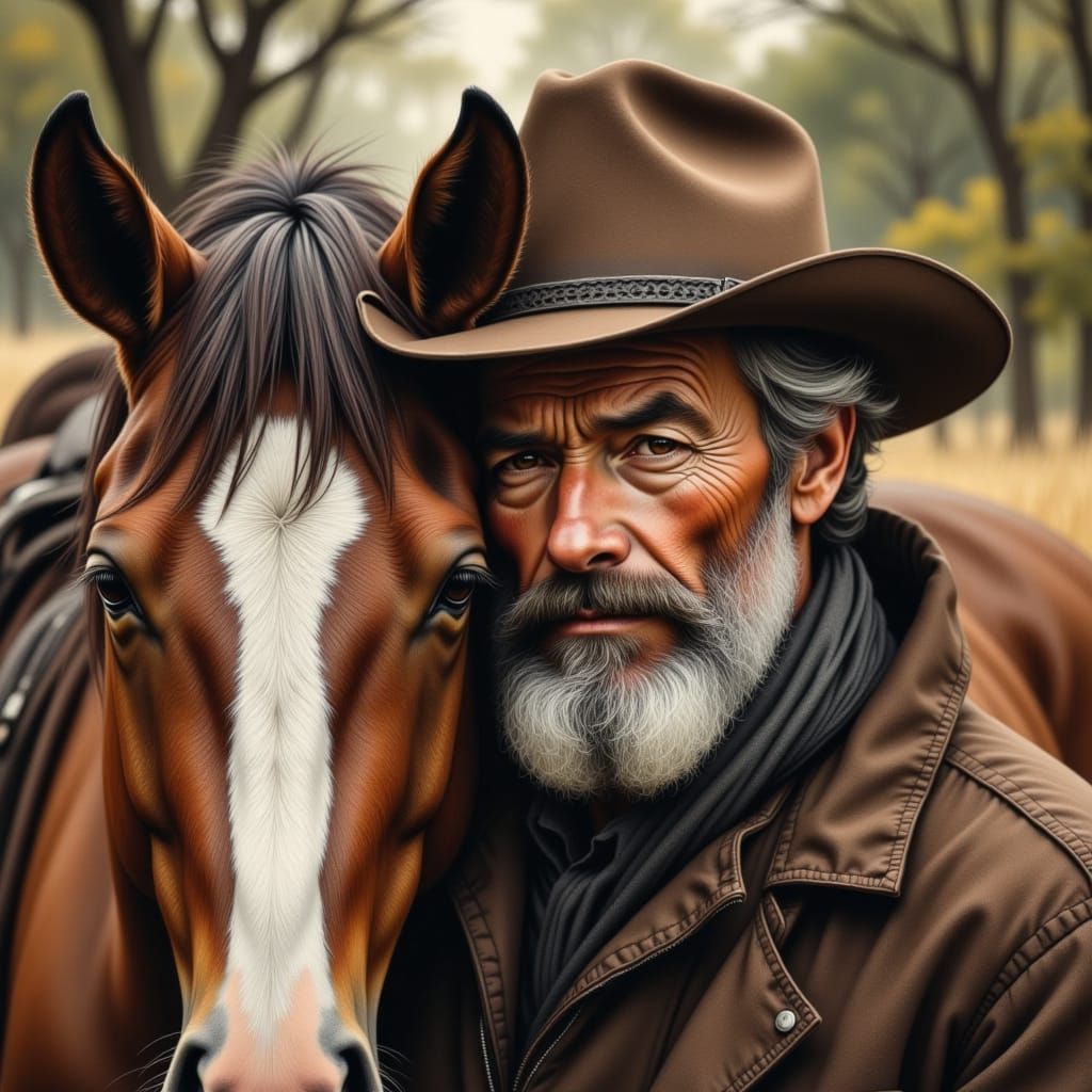 Cowboy and Horse in Charcoal and Pencil Style