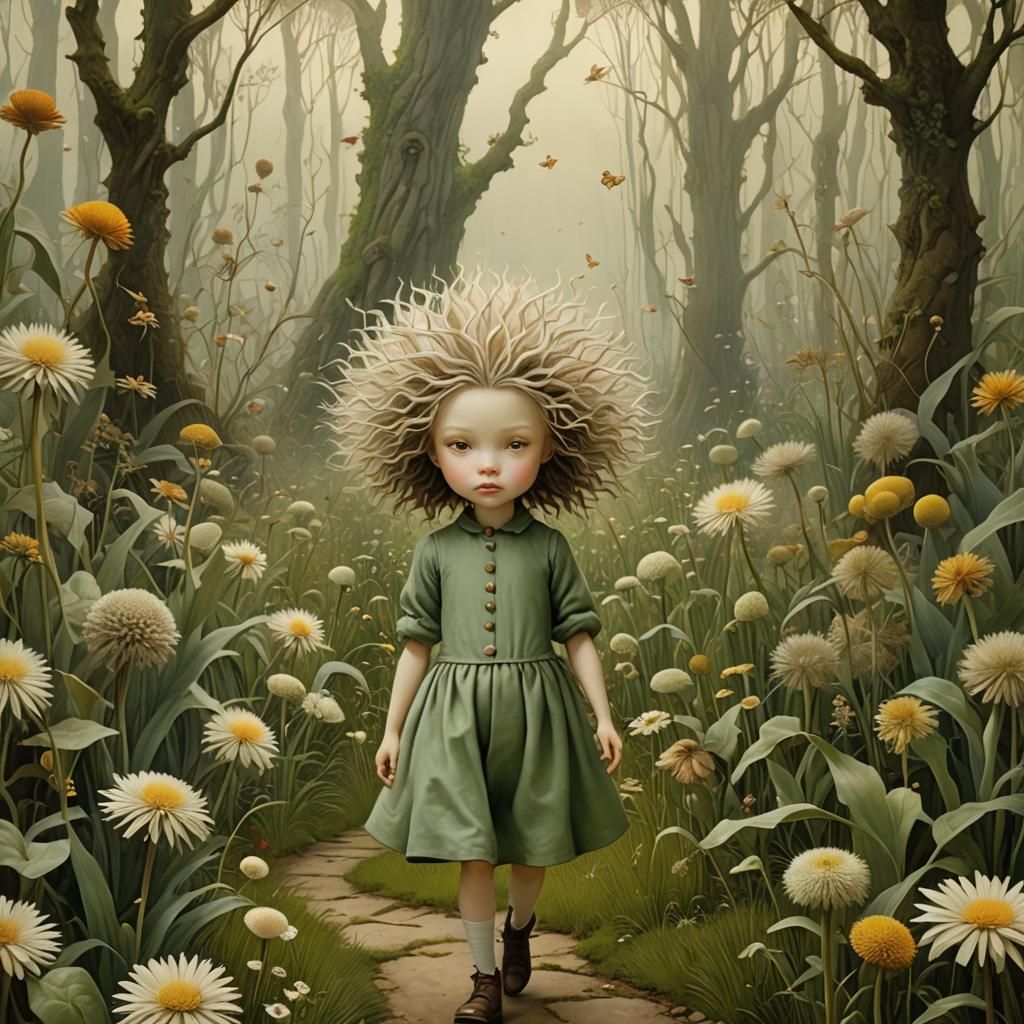Miniature Girl's Journey Through a Surreal Garden