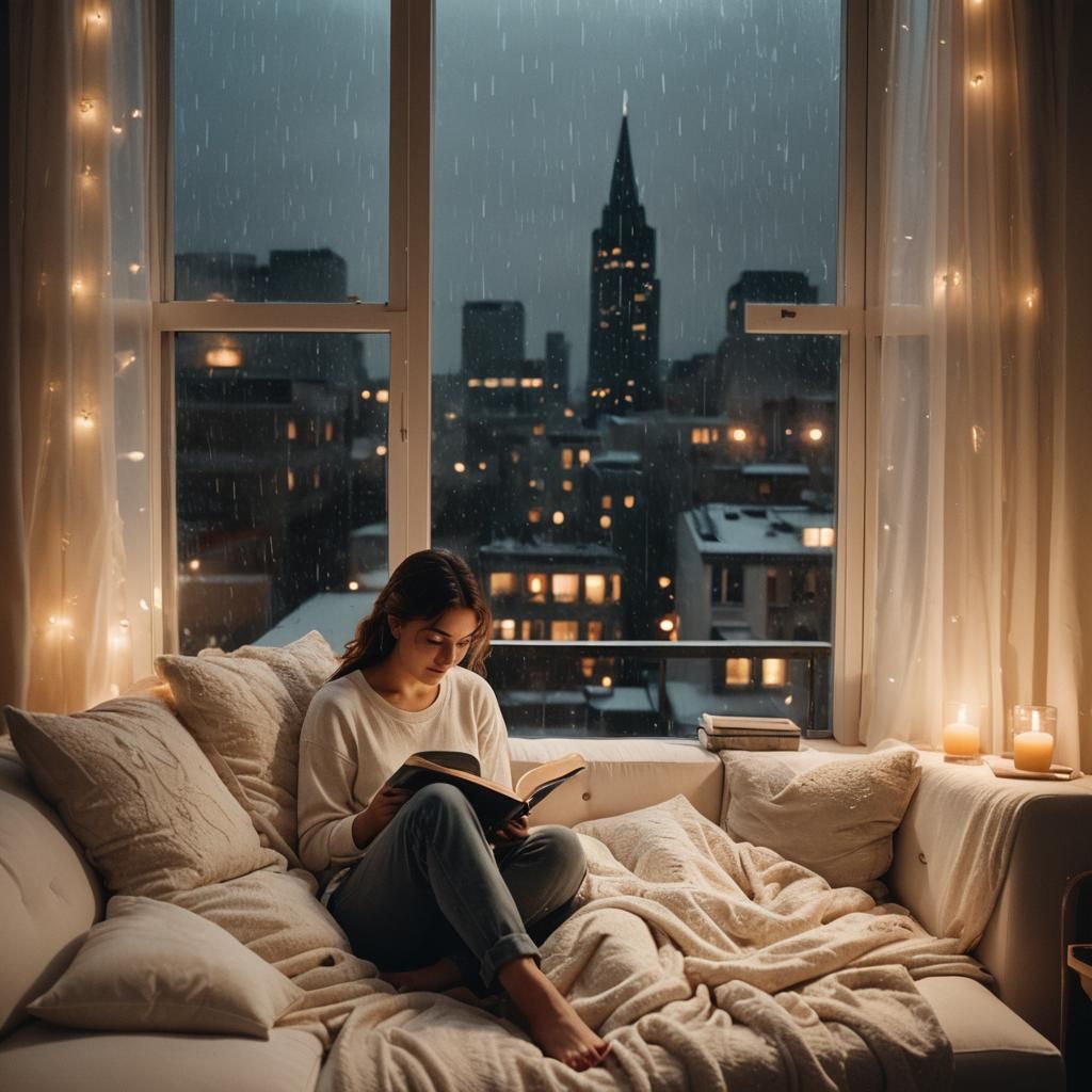 Cozy Girl Reading in a Candlelit Home