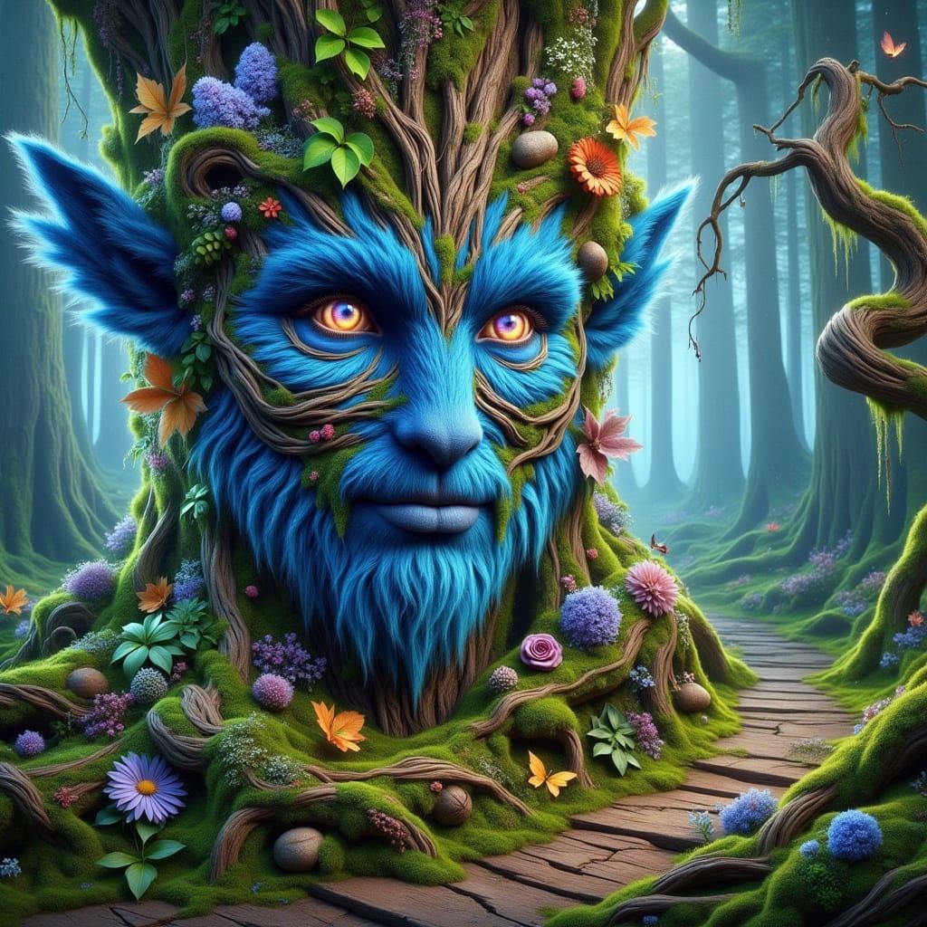 Blue Druid Entwined with Tree in Mystical Forest