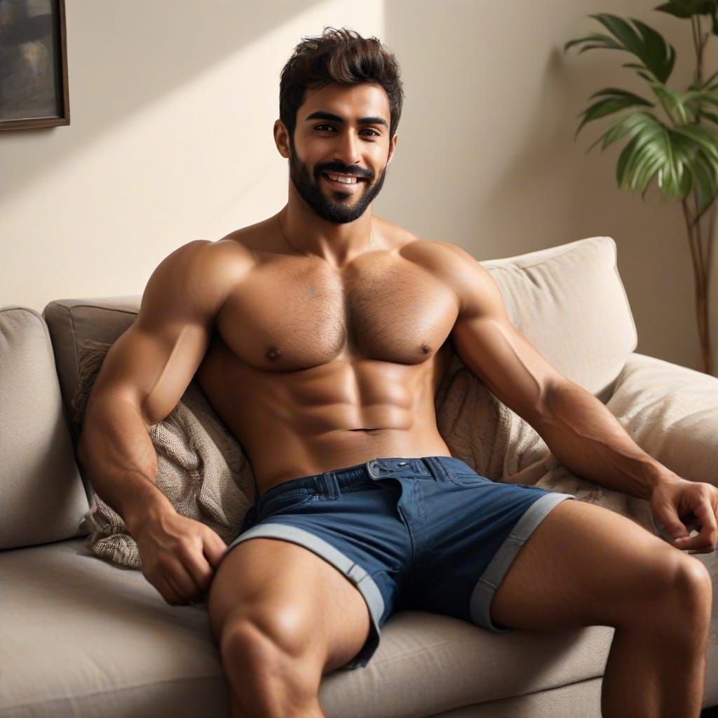 Shirtless Arab Man Relaxing on Sofa