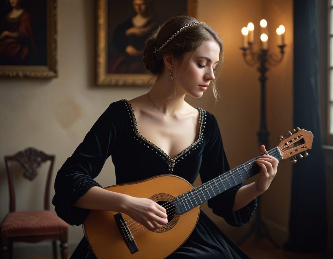 Melancholic Woman Playing Lute in Photo-Realistic Style