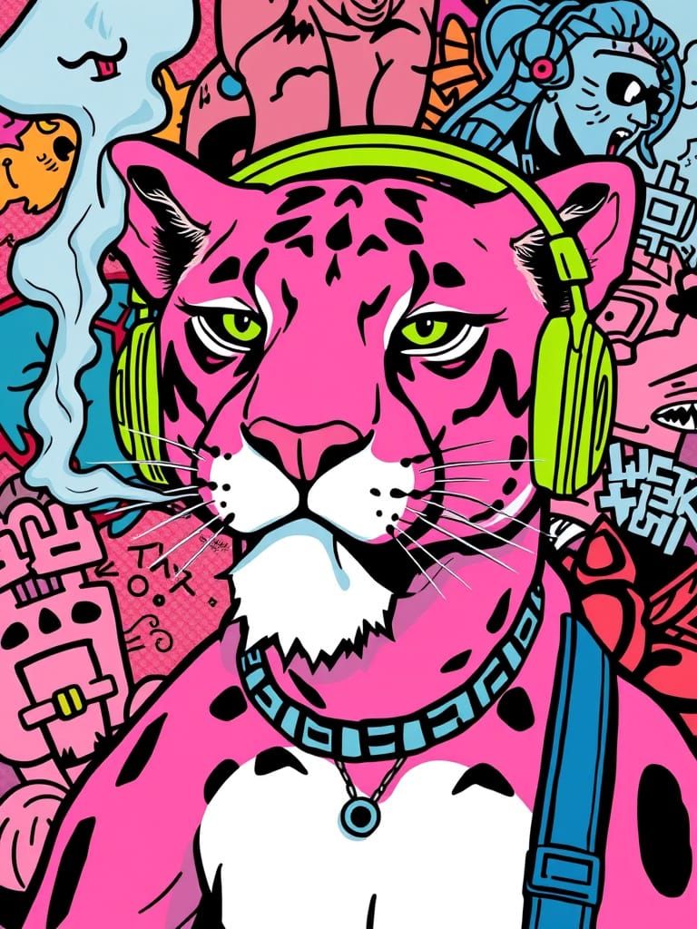 Pink Panther Hiphop Graffiti Art with Headphones