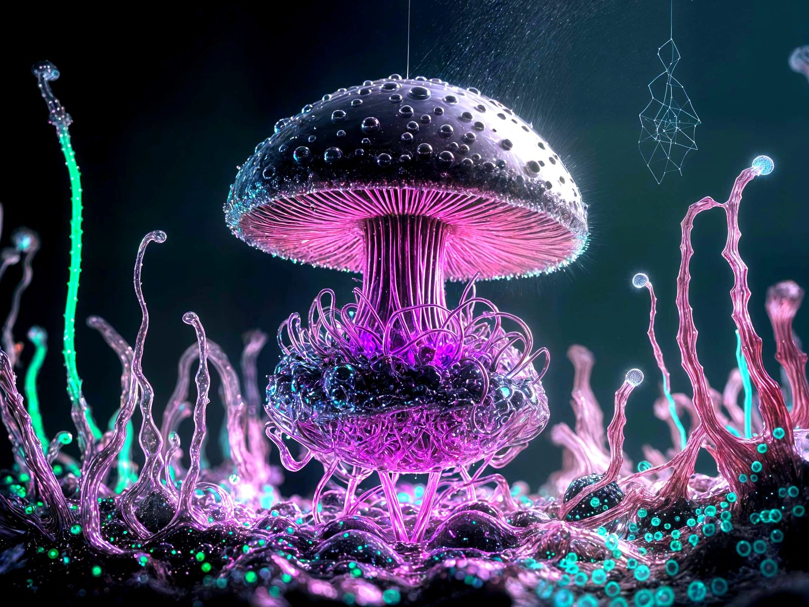Surrealistic Landscape with Ferrofluid Mushroom in a Glowing...