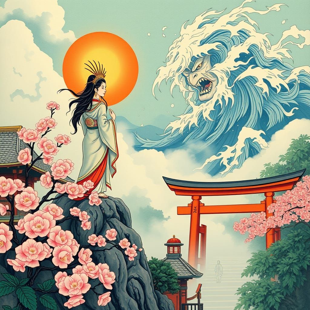 Amaterasu Goddess Amidst Cherry Blossoms and Stormy Whirlwin...
