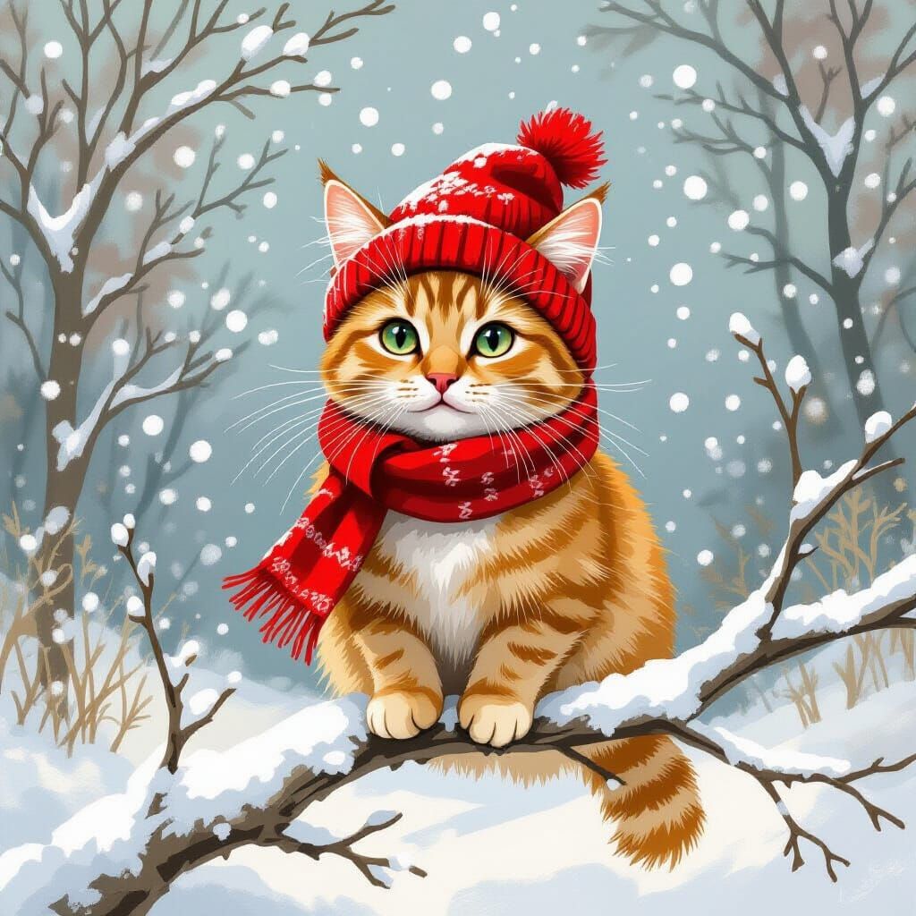 Cardinal Cat in Winter Hat: Whimsical Illustration