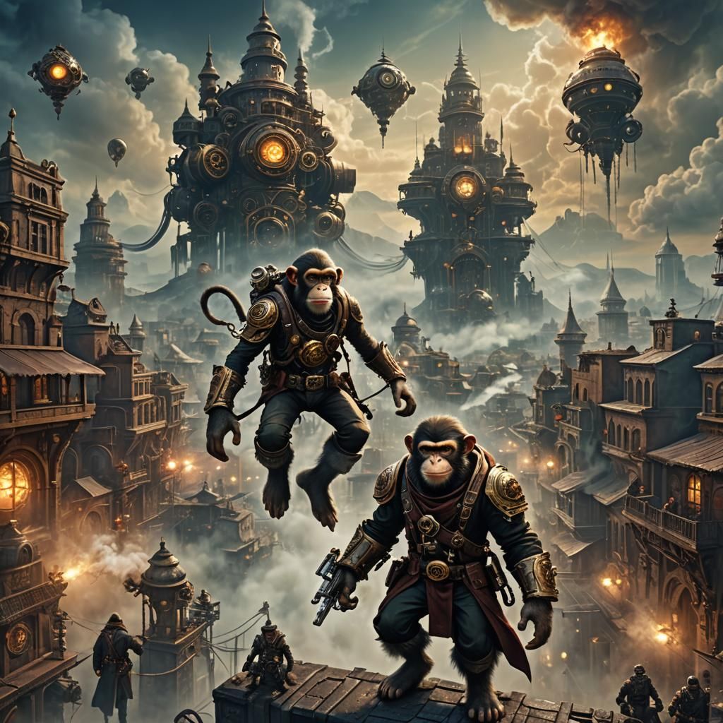 Steampunk Monkey Assassin in Grimdark Cityscape